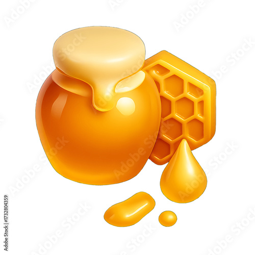 Honey Icon with Jars Honeycomb and Drops Showing Different Forms with Shine and Texture on Transparent Background 3D Style