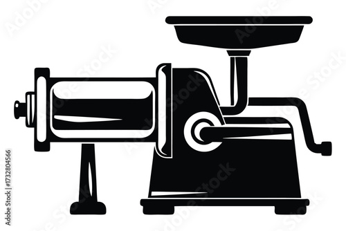 Black silhouette shows retro meat grinder machine standing on white, complete with tray