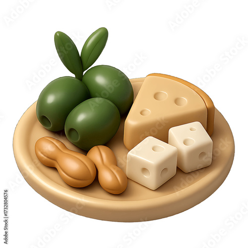 Assorted Snacks and Appetizers Icon with Olives Peanuts and Cheeses Featuring Inviting Presentation on Transparent Background 3D Style