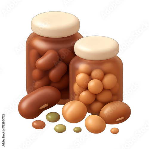 Protein-Rich Legumes 3D Icon Showing Beans Chickpeas and Lentils in Cooked and Dried Forms in Containers and Scattered Transparent Background