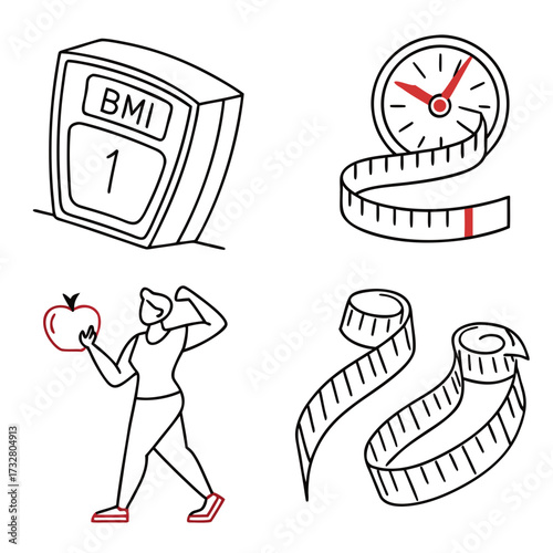 Minimal line style body measurement icons – BMI scale, waist tape, muscle growth, fat loss.