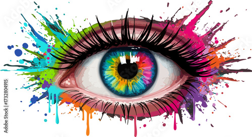 Colorful eye with rainbow iris surrounded by vibrant paint splatters on black background