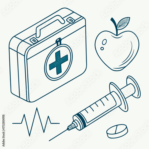 Minimal line medical & health pack – first aid kit, syringe, apple, heartbeat monitor.