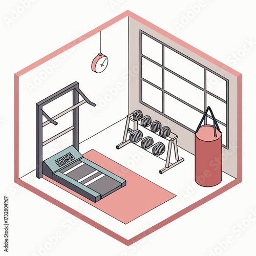 3D vector gym interior set – treadmill, weights rack, boxing bag, yoga mat.