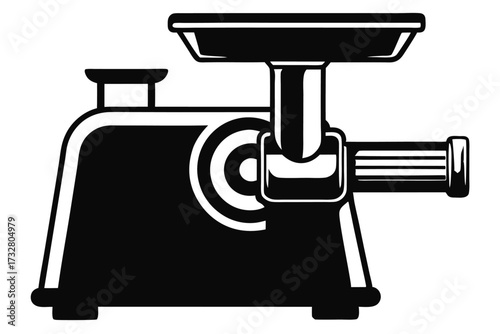 Black and white meat grinder machine displays vintage kitchen equipment isolated against a bright backdrop