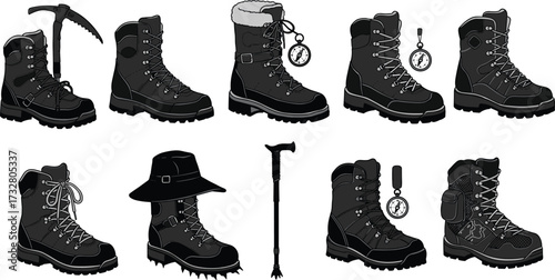 Hiking boots, mountaineering footwear, trekking gear, outdoor adventure equipment, camping essentials, compass and crampons, cad drawing flat vector illustration, detailed black silhouette icons