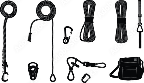 Climbing gear, safety equipment, rope and carabiner, pulley device, rescue tools, outdoor adventure essentials, cad drawing flat vector illustration, black silhouette icons