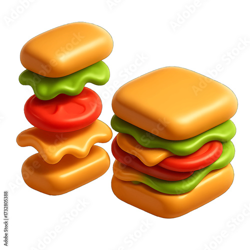 Sandwiches Icon with Assembled and Disassembled Versions Showing Separated Ingredients and Visible Layers on Transparent Background 3D Style