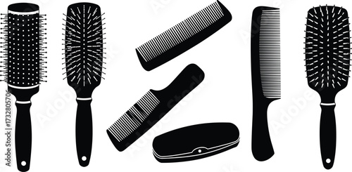 Hairbrush and comb collection, hair styling tools, salon accessories, grooming equipment set, beauty care essentials, professional hairstyling kit, cad drawing flat vector illustration