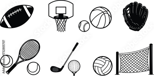 Sports equipment collection, football basketball baseball tennis golf volleyball, athletic gear icons, black and white outline drawings, fitness recreation symbols, 