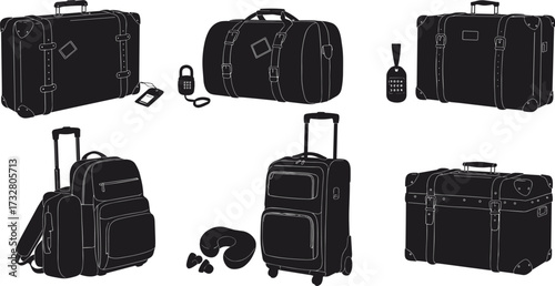 Travel luggage collection, suitcase, duffel bag, backpack, rolling trolley, neck pillow, padlock, travel bottle, essential accessories, vector silhouette, tourism equipment illustration
