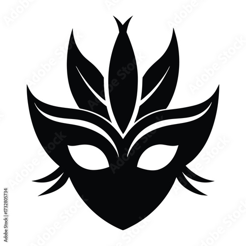 Ornate black mask features feathered extensions, suggesting elegance and mystery on white background