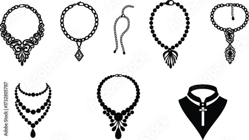 Necklace silhouette collection, vintage jewelry pendants, ornate beaded chains, layered pearl strands, cross pendant choker, decorative accessories, elegant fashion design vector illustration