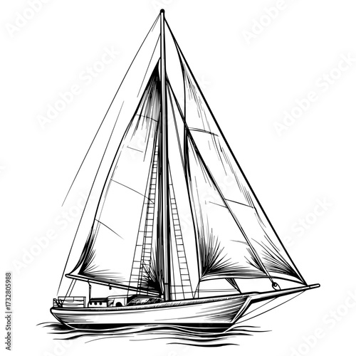 Vintage Sailboat Sketch – Hand-Drawn Nautical Illustration. Detailed Sailboat Drawing, Retro Sailing Ship Sketch.
