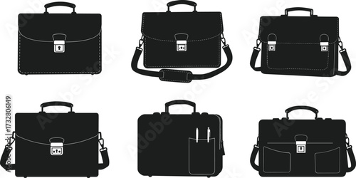 Business briefcase silhouettes, office bags, professional luggage, corporate accessories, flat vector icons, CAD drawing, minimal design, modern illustration, isolated set, black shapes
