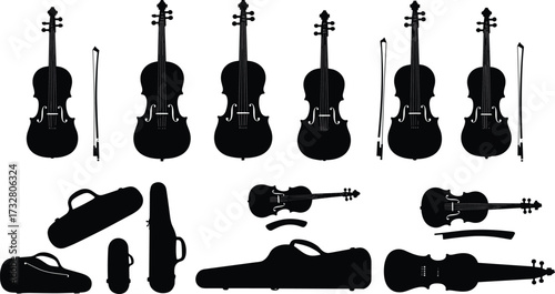 Silhouette violin set, classical string instruments, bows and cases, black vector icons, orchestra music equipment, flat design, educational illustration, isolated collection, 