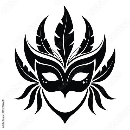 Elaborate black venetian mask featuring decorative feathers isolated on white background for costumes