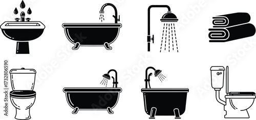 Bathroom vector icon collection, bathtub, shower, sink, toilet, towels, hygiene equipment silhouette, bathroom interior design, plumbing and washroom illustration