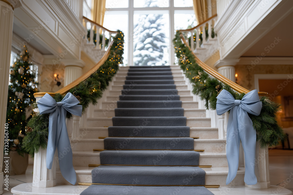 Obraz premium Stairs adorned with festive decorations in a cozy winter setting
