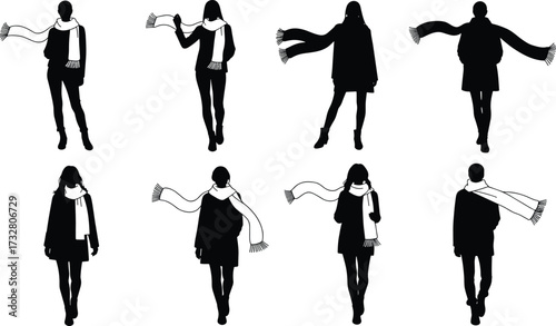 Silhouettes of people wearing scarves in different poses, fashion accessory illustration, winter clothing design, stylish outfit variations, cad drawing flat vector illustration