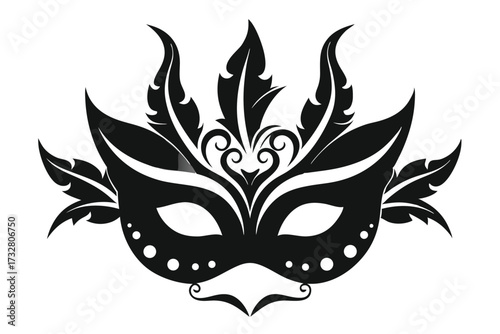 Black silhouette of a masquerade mask is adorned with elegant feathers and swirls