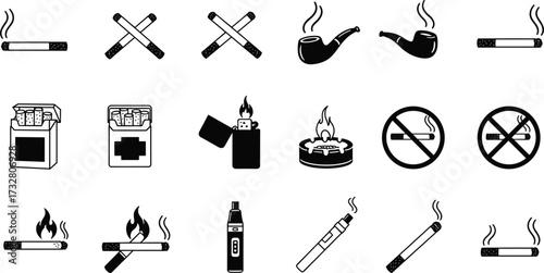 Cigarette and smoking icon collection with pipes, lighters, ashtray, burning cigarette, e-cigarettes, and no smoking signs for health awareness