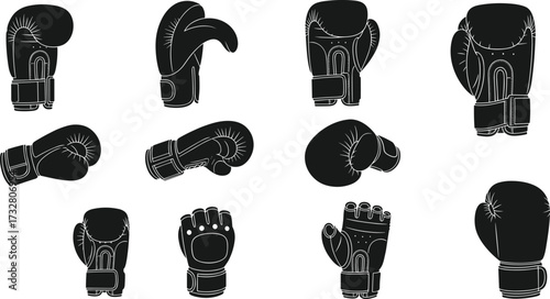 Boxing gloves vector illustration set, black silhouette sports equipment, martial arts training gear, boxing icons collection, gym workout design, combat sport accessory