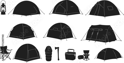 Collection of camping tents and outdoor equipment including lantern, chair, sleeping bag, stove, cooler, axe, camera, cad drawing flat vector illustration