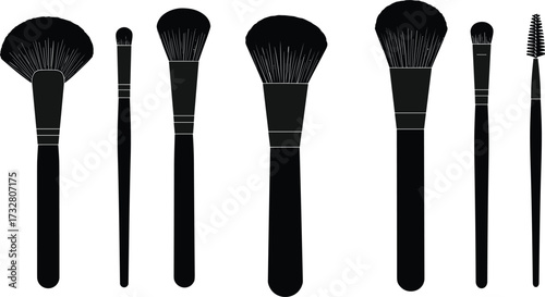 Set of professional makeup brushes for beauty, cosmetics, foundation, eyeshadow, eyeliner, powder, blush, eyebrow grooming, cad drawing flat vector illustration