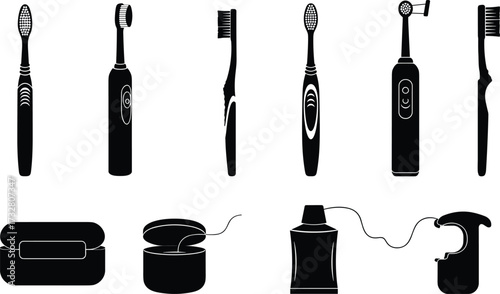 Dental hygiene tools set, toothbrush, electric toothbrush, dental floss, water flosser, oral care equipment, mouthwash container, black silhouette, cad drawing flat vector illustration