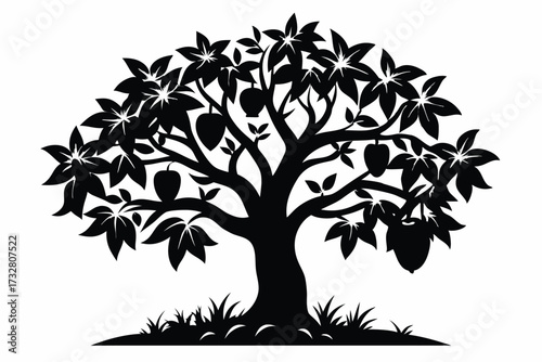 Black silhouette shows a leafy mango tree bearing ripe fruit on fertile land