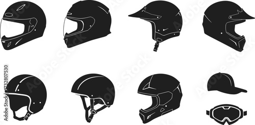 Protective helmets, sports headgear, motorcycle helmet, cycling helmet, skateboarding helmet, baseball cap, ski goggles, cad drawing flat vector illustration