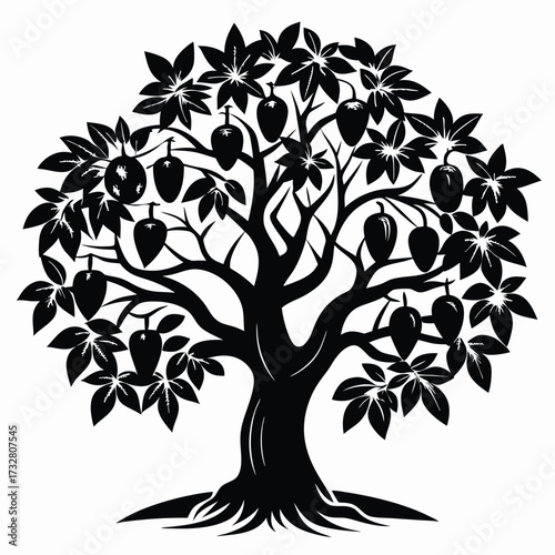 Silhouette mango tree with leaves and fruits in a black color creates a bold effect