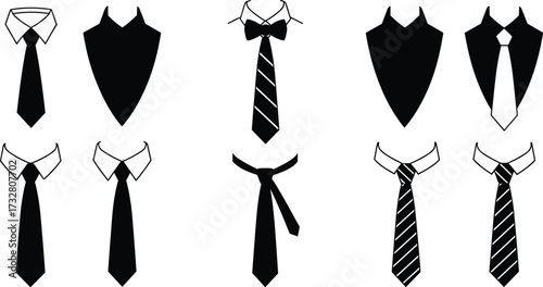 Set of necktie and shirt collar variations, business fashion accessories, formal wear styles, vector illustration, isolated icons, professional clothing design