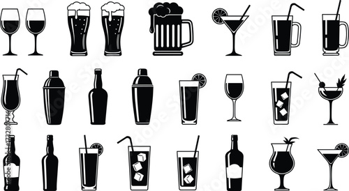 Collection of black drink and cocktail silhouettes including wine glasses, beer mugs, cocktail shakers, bottles, and mixed drinks, vector bar illustration