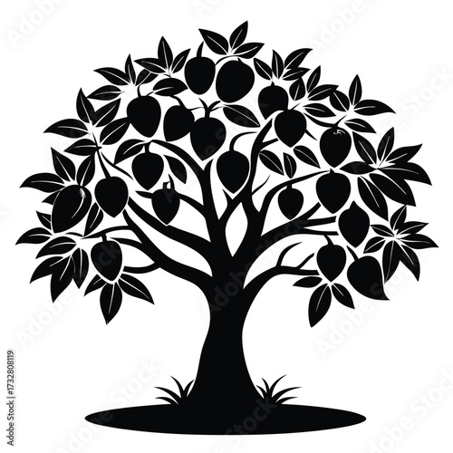 Isolated black silhouette shows fruit bearing tree with lush leaves and fruits