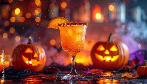 A festive beverage, adorned with an orange slice and rim, is framed by glowing jack-o'-lanterns and ambient light