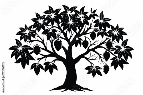 Silhouette of a leafy mango tree displaying ripe fruits against a clean white background