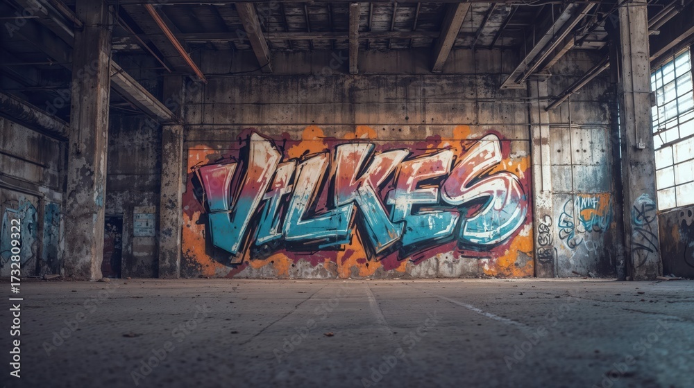 Naklejka premium Vibrant graffiti art in colorful letters on concrete wall inside abandoned industrial warehouse with exposed beams and dramatic lighting