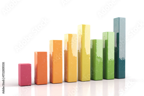 A vibrant, colorful 3D bar graph showing an upward trend, representing growth and data visualization on a white background.