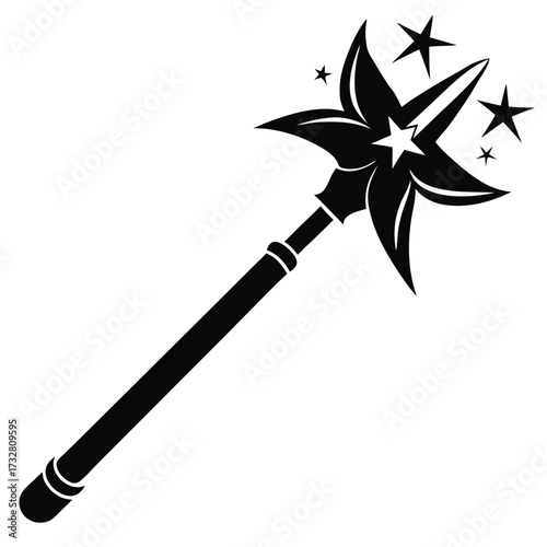 Black magic wand silhouette with star and leaf details radiating magical charm on white