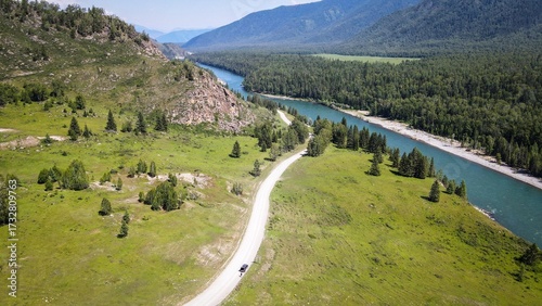 Aerial view of Katun River near Tyungur River, Altai Republic, Russia