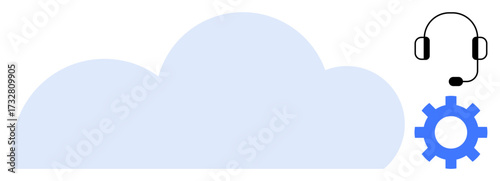 Large cloud shape beside gear and headset illustrating digital communication, technology tools, online storage. Ideal for cloud services, technical support, IT solutions, SaaS, customer service