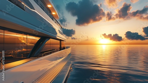 Side view of a luxury yacht sailing on the ocean at sunset, golden hour