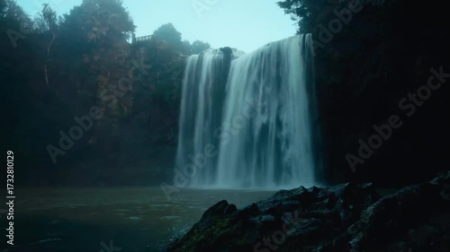 A large waterfall in the New Zealand wilderness during blue hour.