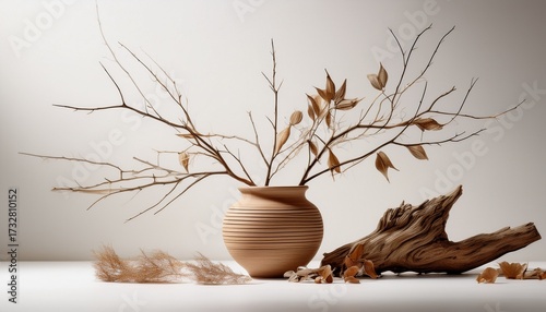 Wallpaper Mural White Backdrop With Barren Tree Limbs Grassy Leaves And Dried Foliage Alongside A Wood Patterned Pot For A Vintage Feel Torontodigital.ca