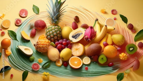 Wallpaper Mural A Vibrant Whimsical Depiction Of A Swirl Of Tropical Fruits Against A Pale Yellow Backdrop Creating A Visually Appealing Composition Torontodigital.ca