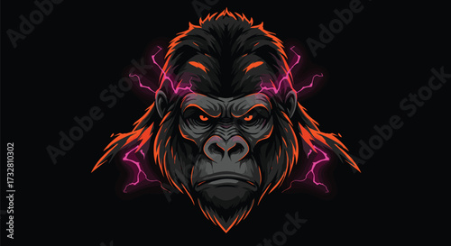 Fierce gorilla head illustration with glowing neon lightning effect, powerful animal mascot design, aggressive expression, dark background, modern esport logo vector