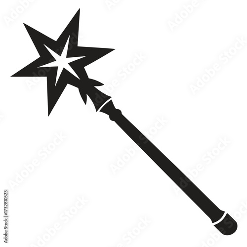Silhouette of a star shaped magic wand with intricate details against a white backdrop