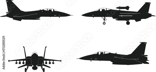 Fighter jet silhouette vector illustration set with front, side, and landing gear views, military aircraft design, aviation concept artwork, detailed warplane graphic elements